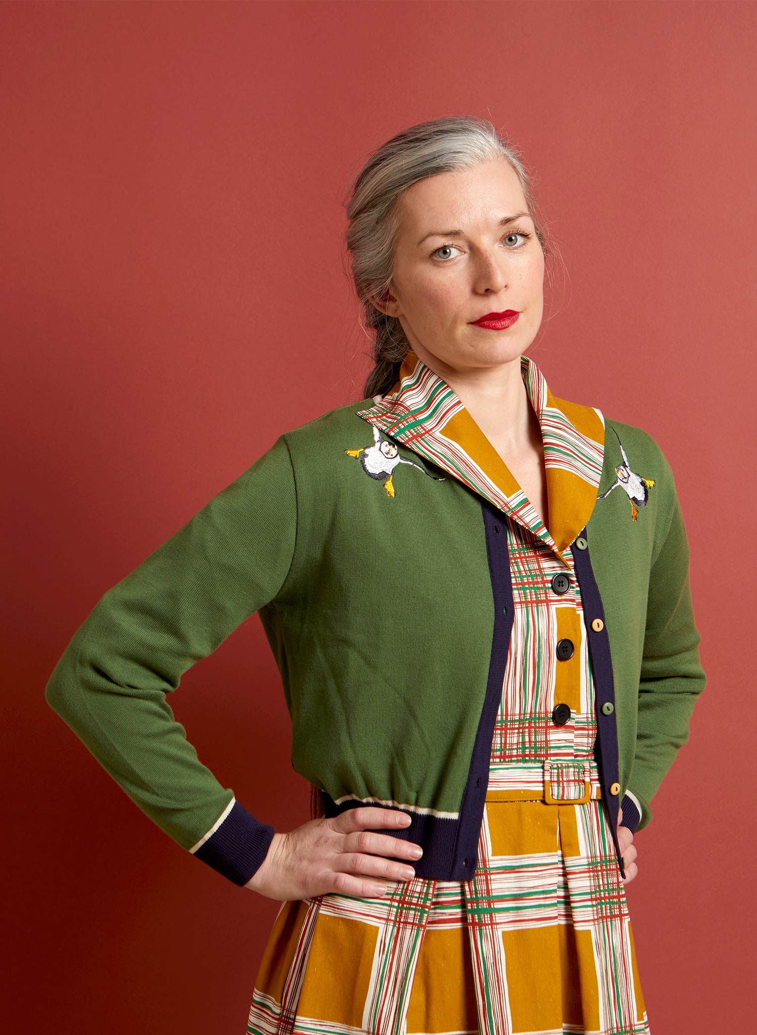 Vera - Green and Navy Puffin Cardigan - Full Length Sleeve
