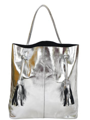 Silver Drawcord Metallic Leather Hobo Shoulder Bag