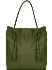 Olive Green Drawcord Leather Hobo Shoulder Bag