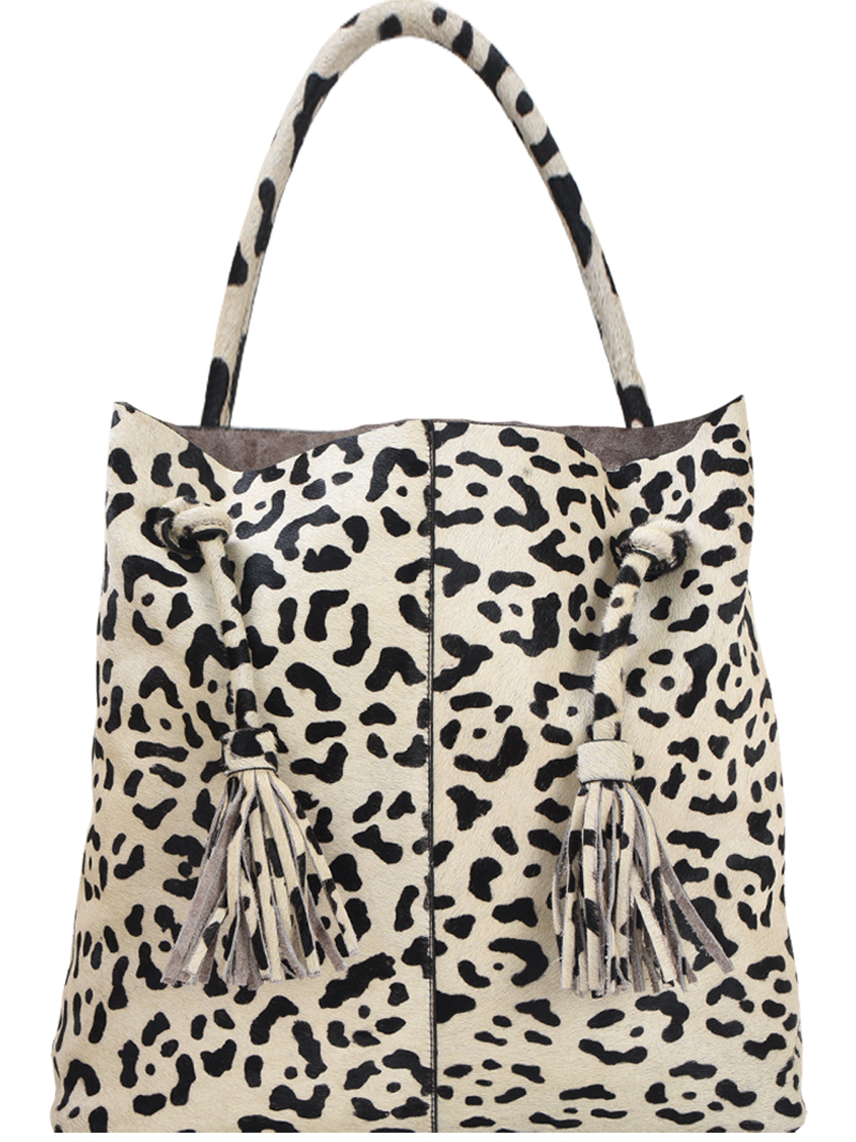 Ivory Leopard Print Drawcord Leather Hobo Shoulder Bag